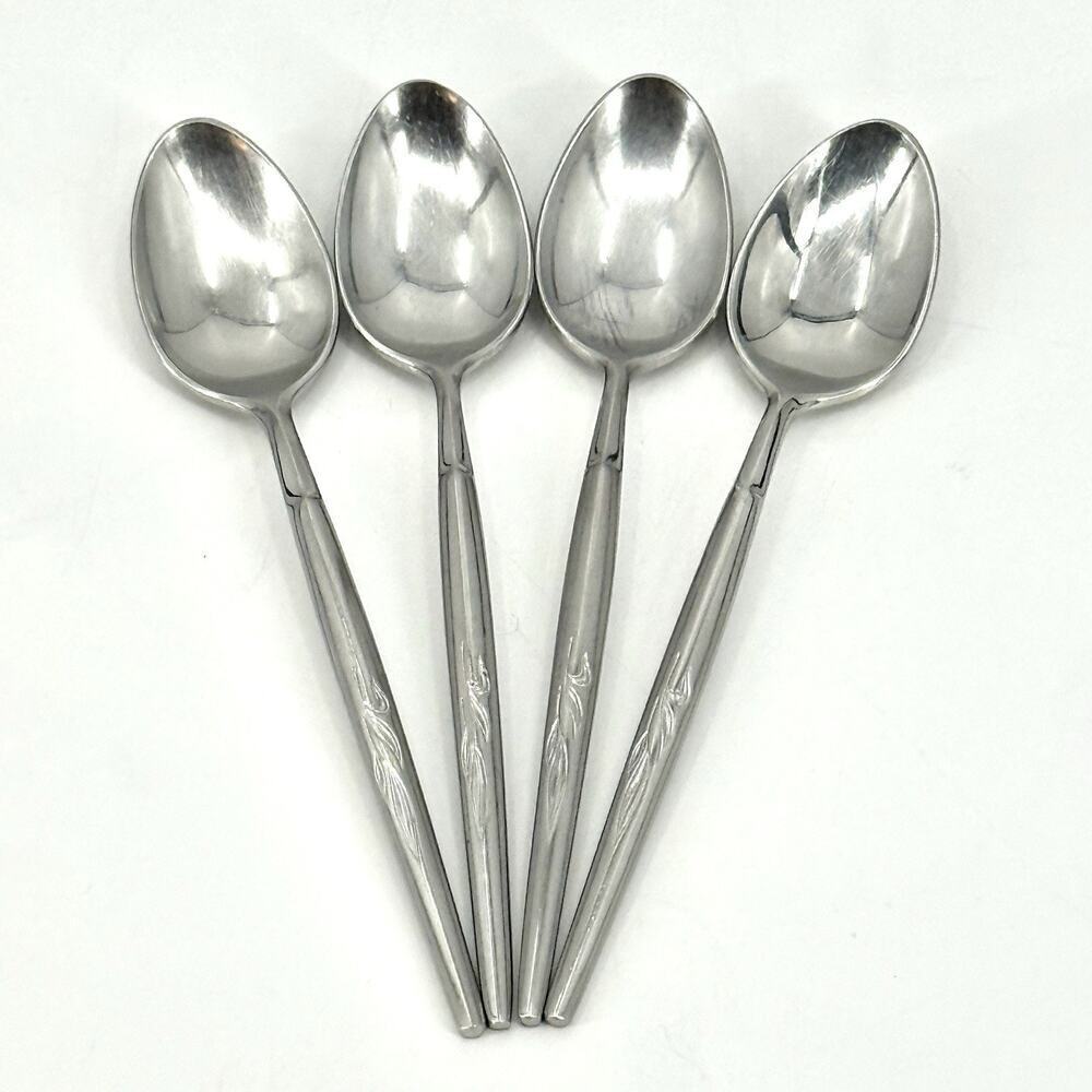VTG Ron Spray Stainless Flatware Set of 4 Teaspoons 6 3/4” MCM Japan Leaf Sprout